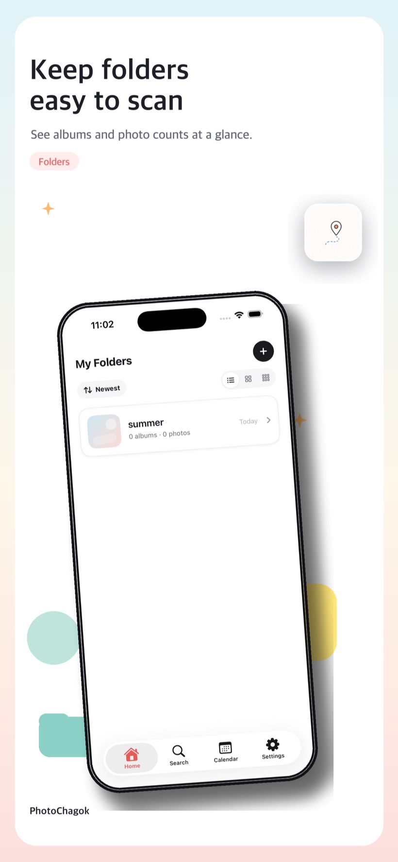 PhotoChagok home screen showing a list of photo folders on iPhone
